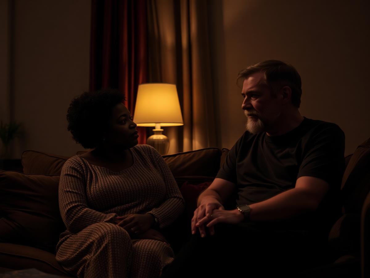 Deux adultes en conversation calme dans un salon peu éclairé