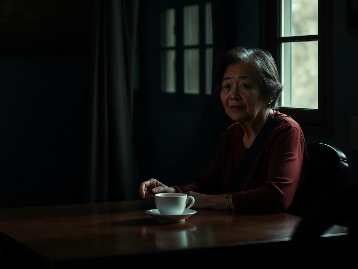 Femme assise à une table, une tasse devant elle, dans une lumière chaude